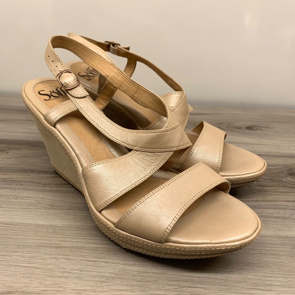 Sofft Women's Beige Leather Wedge Sandals Size 10 Strappy Heels Preppy Cute